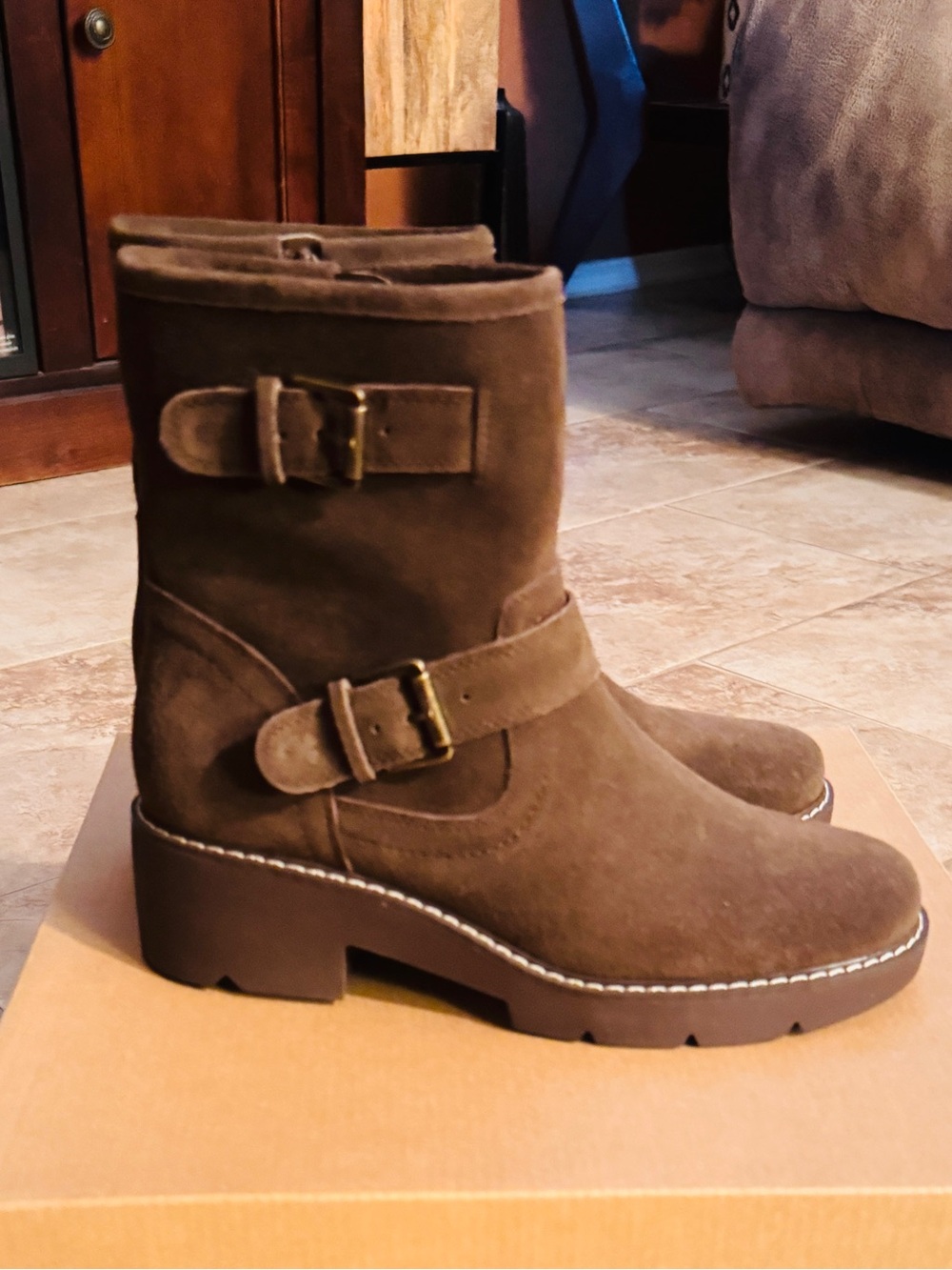 Lucky Brand Brown Suede Buckle Moto Zip Up Boots, Size 8.5-9